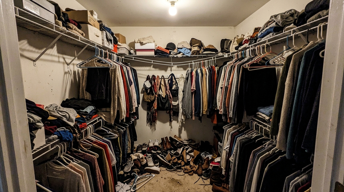 Before: Cluttered messy wire closet before custom renovation